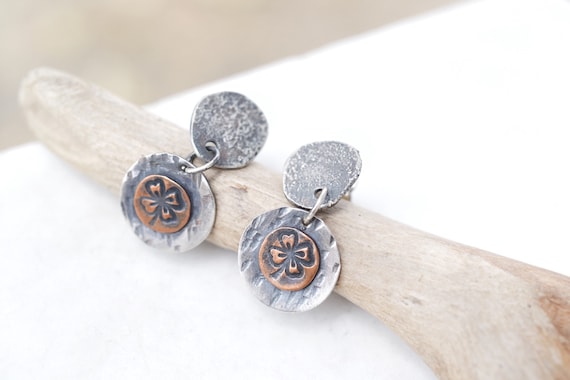 Sterling Silver Copper Shamrock Earrings, Mixed Metal Earrings, Silver and Copper Earrings, Silver and Copper Disk Earrings, Copper Jewelry