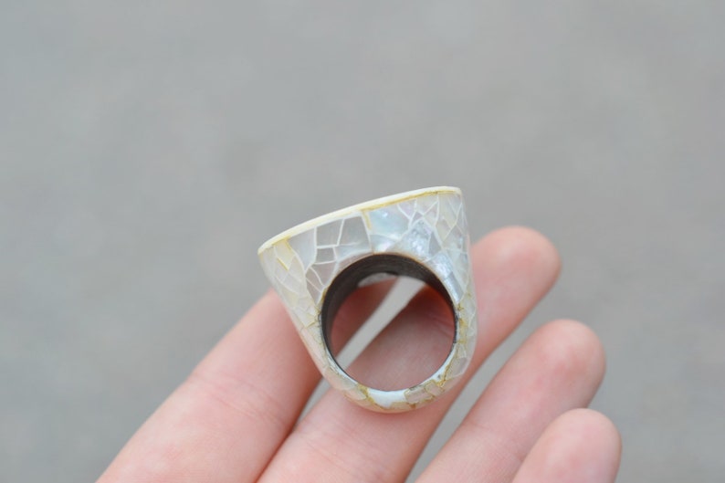 Mother of Pearl Inlay Ring Shell Mosaic Ring Sterling Silver Shell Ring Sterling Silver Wood and Crushed Shell Mosaic Statement Ring
