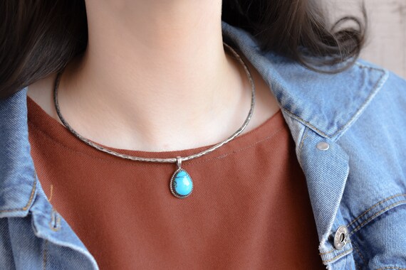 Sterling Silver Teardrop Faux Turquoise Pendant, … - image 3