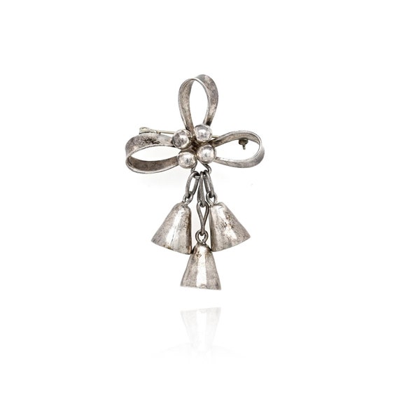 Sterling Silver Taxco Bow With Bells Brooch, Taxco Bow Pin  display picture 2