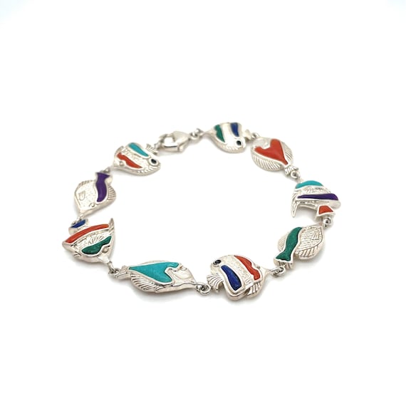 Sterling Silver Tropical Fish Gemstone Link Brace… - image 1