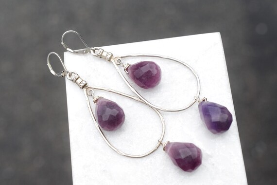 Sterling Silver Amethyst Briolette Long Dangle Earrings Sterling Silver Amethyst Briolette Long Dangle Earrings