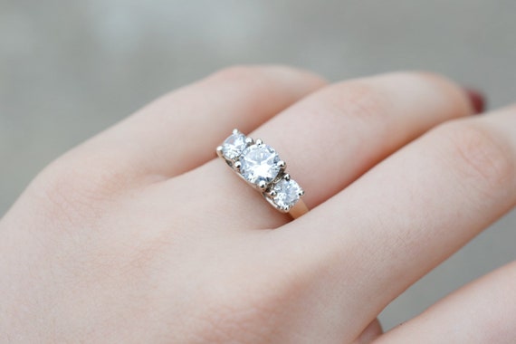 14K Solid White Gold Three Stone CZ Engagement Ri… - image 3