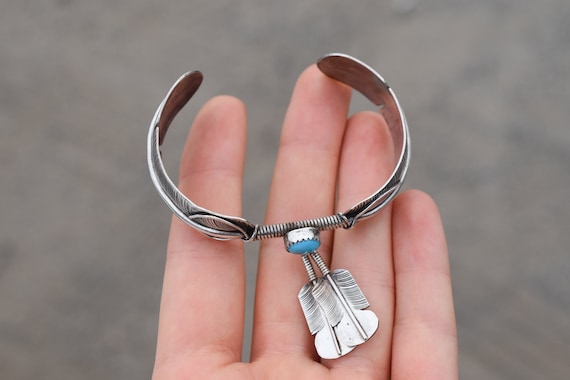 Sterling Silver Turquoise Dangle Feather Cuff Bracelet, Native