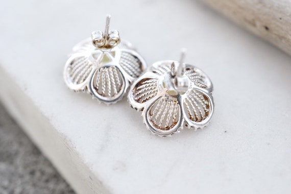 Sterling Silver Pearl Flower Stud Earrings, Pearl… - image 2