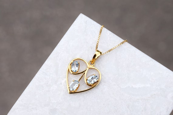 18k Solid Yellow Gold Aquamarine Heart Necklace, … - image 2