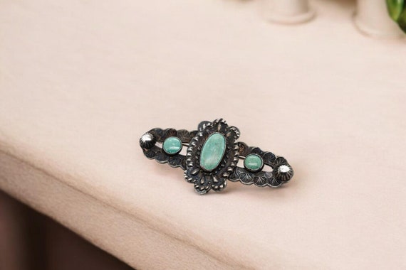 Sterling Silver Antique Green Turquoise Brooch, Sterling Navajo Turquoise Pin, Navajo Brooch, Old Pawn Sterling Silver Turquoise Brooch