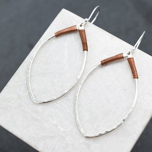 Sterling Silver and Copper Wrap Dangle Hoop Earrings, Mixed Metal Earrings, Silver and Copper Earrings, Marquise Earrings, Copper Jewelry image 2