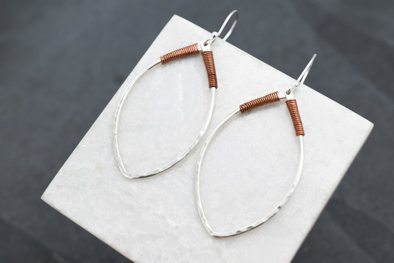 Sterling Silver and Copper Wrap Dangle Hoop Earrings, Mixed Metal Earrings, Silver and Copper Earrings, Marquise Earrings, Copper Jewelry image 2