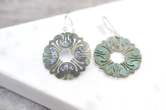 Sterling Oxidized Rhinestone Dangle Earrings, Oxidized Jewelry, Oxidized Earrings, Rustic Jewelry, Rustic Dangle Earrings, Green Patina View 2