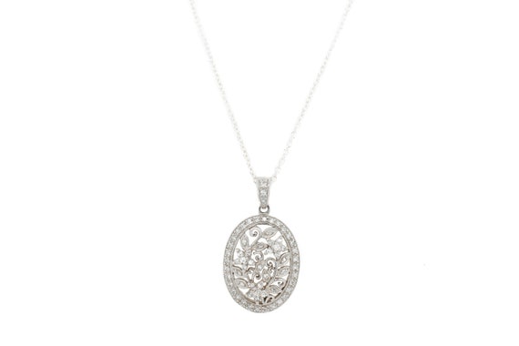 Sterling Silver Oval CZ Flower Necklace 