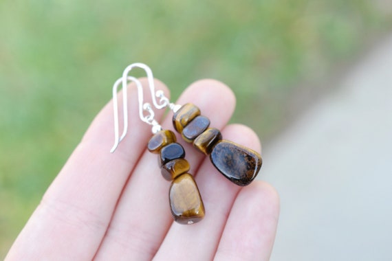 Sterling Silver Tiger's Eye Beaded Earrings, Tiger's Eye Jewelry, Tiger's Eye Dangle Earrings, Natural Gemstone Earrings, Oval Tiger's Eye