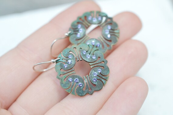Sterling Oxidized Rhinestone Dangle Earrings, Oxidized Jewelry, Oxidized Earrings, Rustic Jewelry, Rustic Dangle Earrings, Green Patina View 3