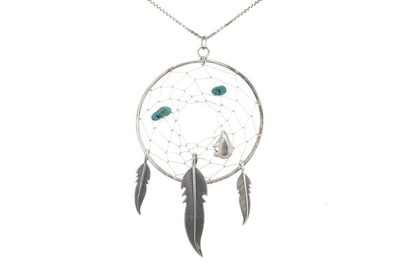 Large Sterling Silver Turquoise Dreamcatcher Neck… - image 1