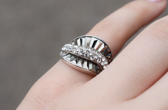 Sterling Art Deco CZ Marcasite Statement Ring, Art