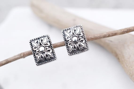 Sterling Silver Filigree Rectangle Stud Earrings,… - image 1