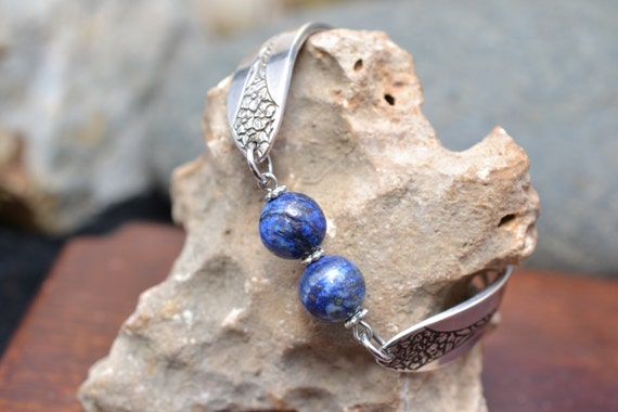 Silver Plated Lapis Lazuli Bead Spoon Bracelet wi… - image 3