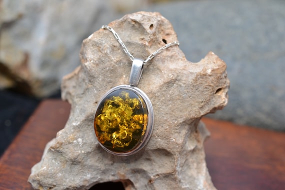 Large Sterling Silver and Golden Amber Pendant on Sterling Silver Chain