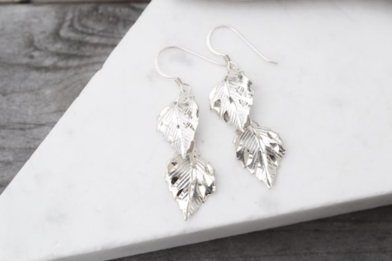 Sterling Silver Layered Leaf Dangle Earrings, Ste… - image 1