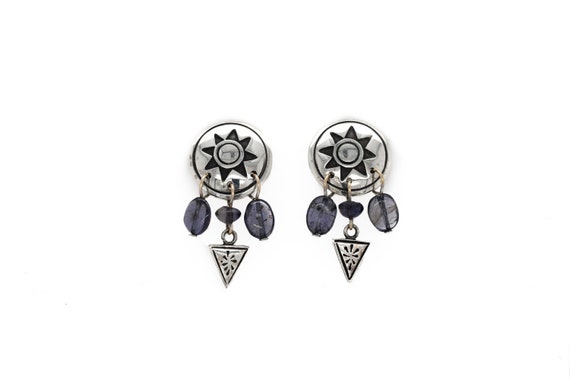 Sterling Sun Dangle Earrings, Silver Tribal Beaded Dangle Earrings, Tribal Sun Jewelry, Iolite Beaded Jewelry, Natural Gemstone Earrings