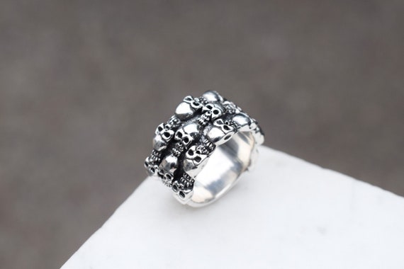 Wide Sterling Silver Skull Biker Ring, Sterling Skull Ring, Sterling Punk Jewelry, Sterling Silver Skull Ring, Skeleton Jewelry, Guy Ring