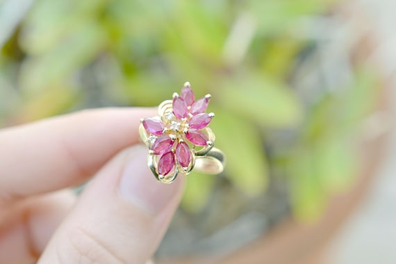 14k Yellow Gold Ruby Cluster Ring, Ruby Jewelry, … - image 1