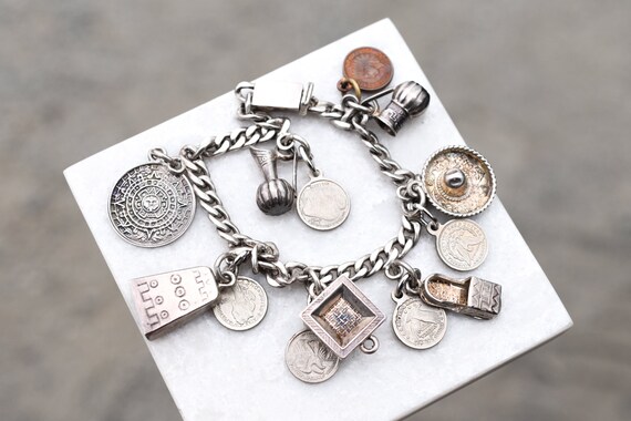 Sterling Silver Curb Link Mexican Charm Bracelet,