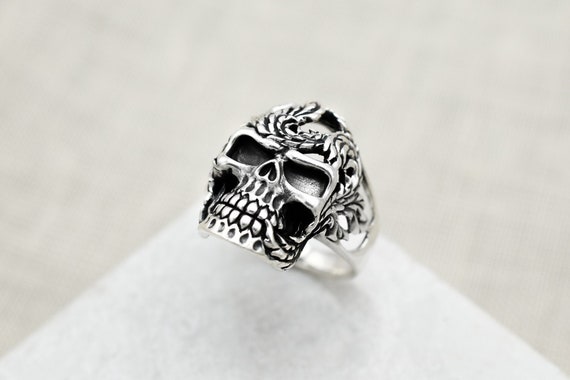 Sterling Silver Vine Skull Biker Ring, Sterling Bi