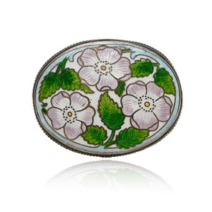 Antique Art Nouveau Guilloche Enamel Oval Brooch, Large Enamel Pin, Sterling Guilloche FLoral Enamel Pin, Antique Enamel Brooch