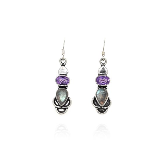 Sterling Silver Labradorite and Amethyst Dangle Earrings, Labradorite Jewelry, Silver Labradorite Earrings, Boho Sterling Gemstone Jewelry