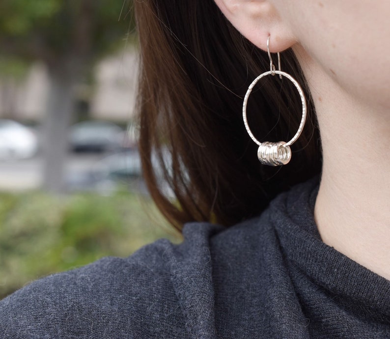 Sterling Silver Hammered Dangle Hoop Earrings, Minimalist Sterling Dangle Earrings, Artisan Silver Earrings, Sterling Dangle Hoop Earrings image 2