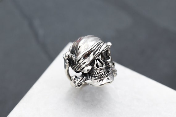 Sterling Silver Pirate Skull Biker Ring, Sterling