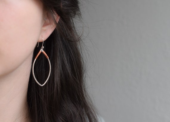Sterling Silver and Copper Wrap Dangle Hoop Earrings, Mixed Metal Earrings, Silver and Copper Earrings, Marquise Earrings, Copper Jewelry