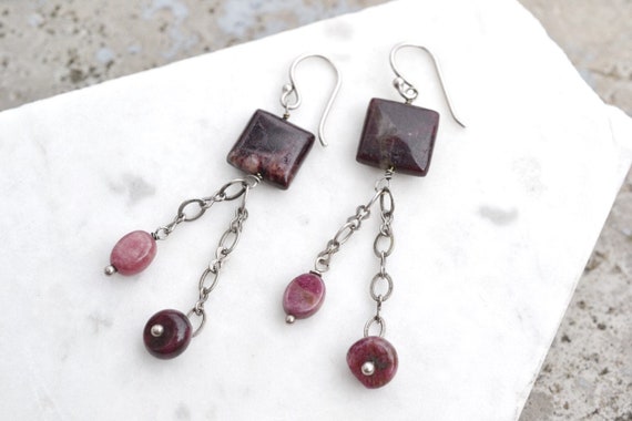 Sterling Natural Ruby Beaded Dangle Earrings, Rub… - image 1