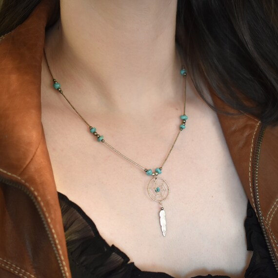 Collana Acchiappasogni In Argento Sterling 925 Con Piuma E Ciondolo Turchese - YFN, 33x13mm - 4