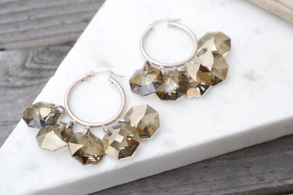 Sterling Silver Crystal Dangle Hoop Earrings, Crystal Earrings, Beaded Hoop Earrings, Fringe Hoop Earrings, Beaded Sterling Earrings