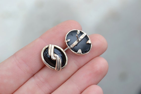 Sterling Silver Oval Onyx Stud Earrings, Sterling… - image 2