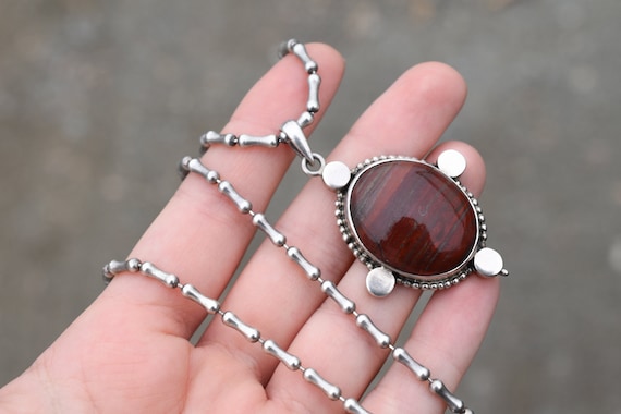 Large Sterling Silver Jasper Pendant on Bone Link Chain, Sterling Silver Jasper Jewelry, Earth Tone Jewelry, Sterling Jasper Necklace