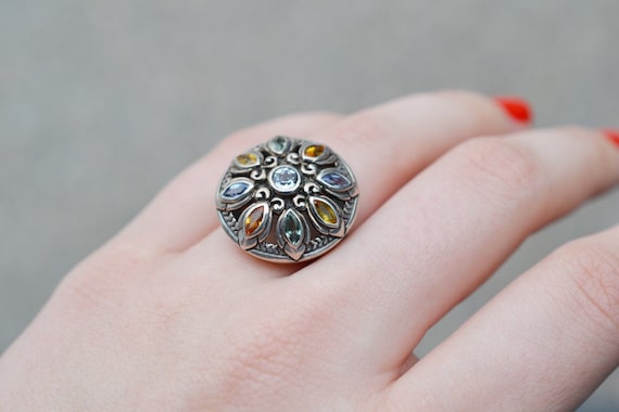 Designer Sterling Silver Modernist Gemstone Dome Ring, Sterling Designer Ring, Multigemstone Ring, STerling Silver Gemstone Flower Ring