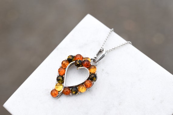 Sterling Silver Multicolored Amber Heart Necklace, Sterling Silver Amber Jewelry, Sterling Silver Heart Necklace, Multicolored Amber Jewelry