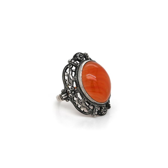 Sterling Silver Art Deco Floral Agate Ring, Agate Jewelry, Banded Agate Ring, Sterling Silver Agate Jewelry, Antique 925 Carnelian Ring