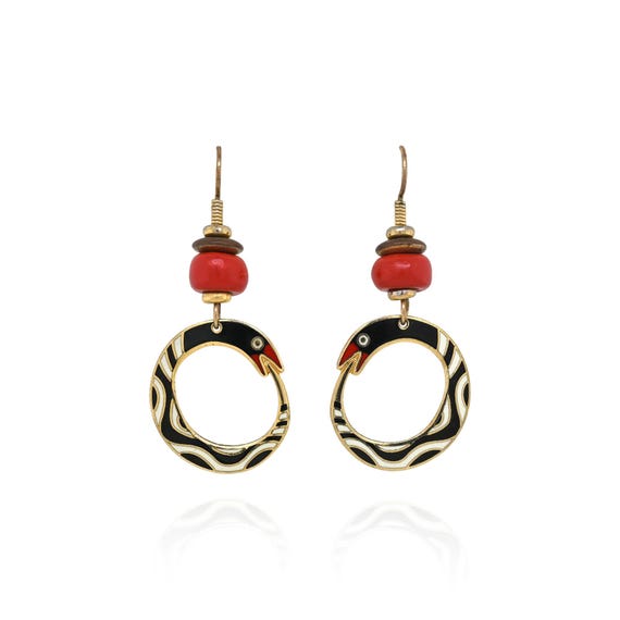 Laurel Burch Snake Spirit Ouroboros Enamel Dangle Earrings, Laurel Burch Earrings, Laurel Burch Jewelry, Gold Enamel Snake Earrings
