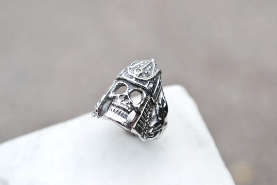 Sterling Silver Samurai Skull Biker Ring, Sterling