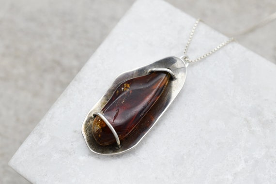 Sterling Silver Tumbed Amber Necklace, Sterling Silver Amber Jewelry, Artisan Sterling Amber Necklace, Modern Sterling Amber Necklace