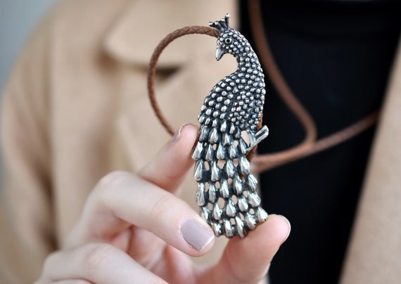 Large Sterling Silver Peacock Pendant on a Leather Co… - Gem Large Sterling Silver Peacock Pendant on a Leather Co… - Gem