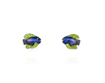 Oorbellen met vismotief van sterling zilver en emaille, S925 blauwgroen, tropisch, Chinees exportproduct.