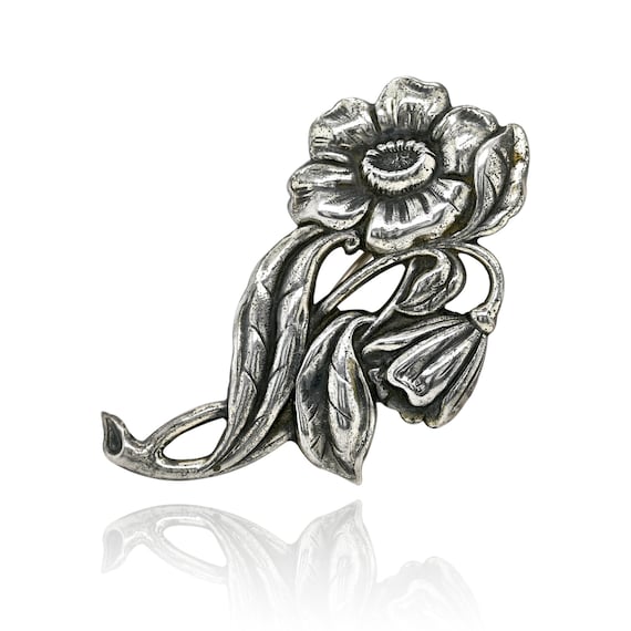 Sterling Silver Danecraft Flower Brooch, Flower Pin, Woodland Jewelry, Floral Brooch, Sterling Flower Brooch, Art Nouveau Flower Pin
