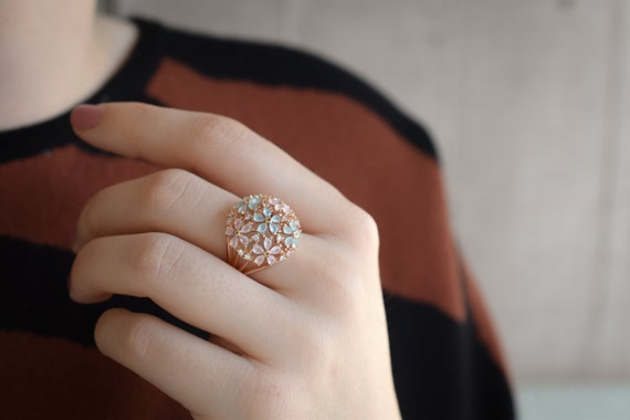 Sterling Rose Gold Overlay Gemstone Flower Ring, … - image 5