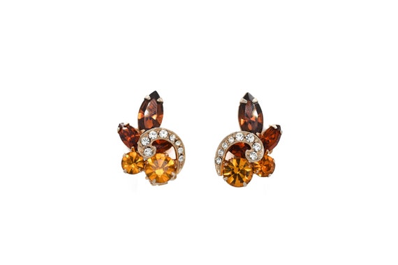Vintage Amber Rhinestone WEISS Clip On Cluster Ea… - image 1