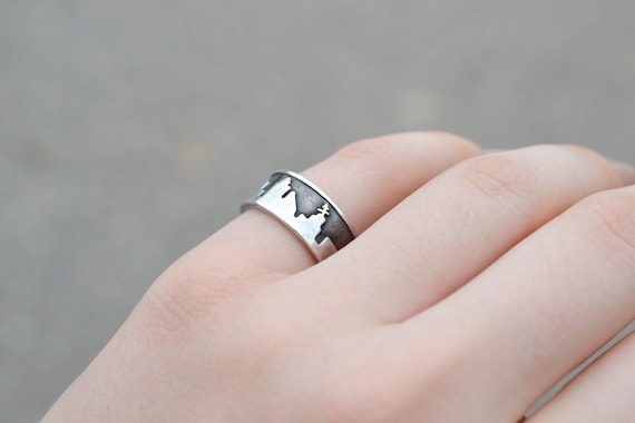 Sterling Silver Village Skyline Band Ring, Storyteller Band Ring, Sterling Silver Patterned Ring, Sterling Silver Taxco Band Ring